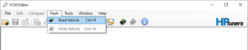 VCM Editor Flash menu with Read Vehicle selected